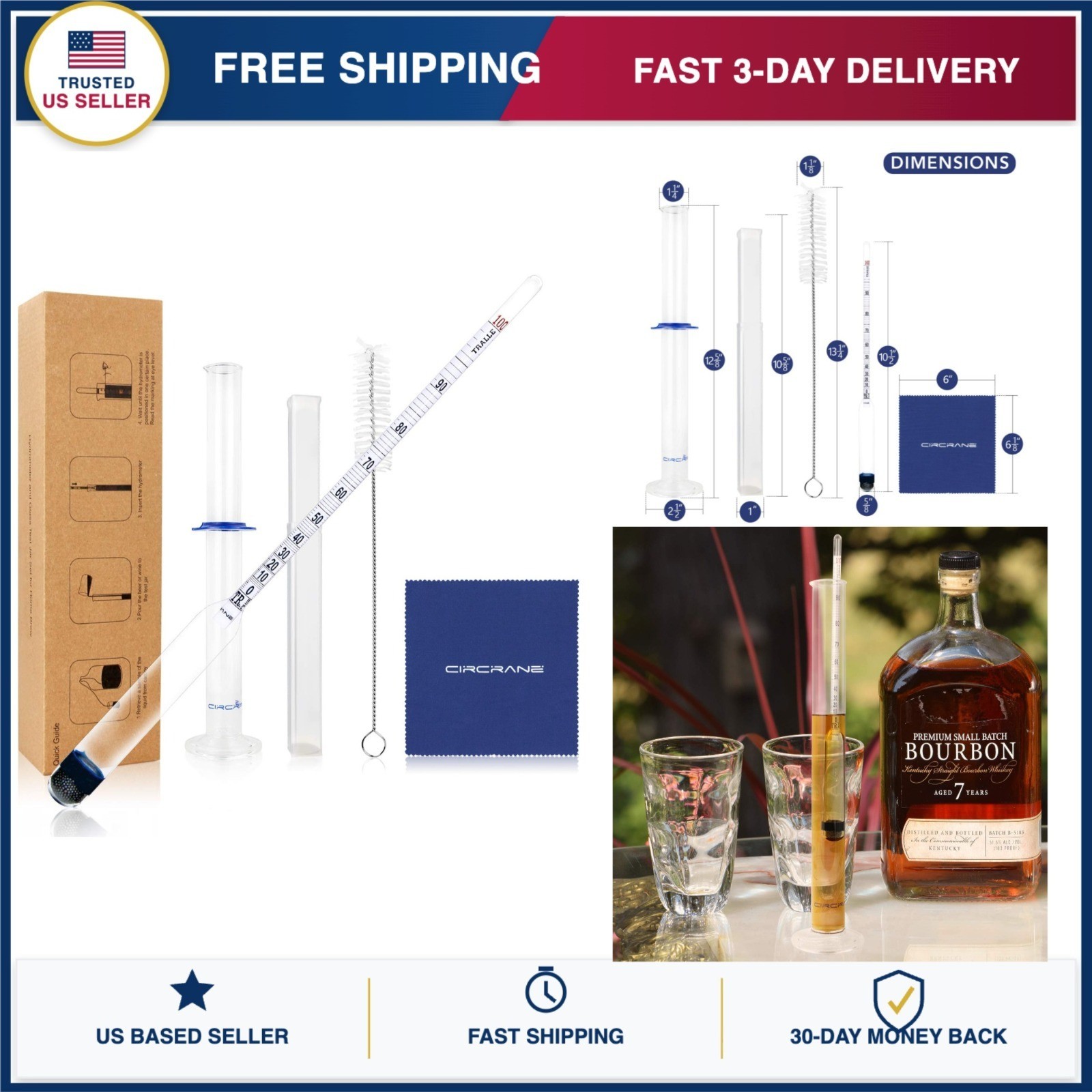 Alcohol Hydrometer Test Kit 0-200 Proof & Tralle Scale with Glass Test Jar for