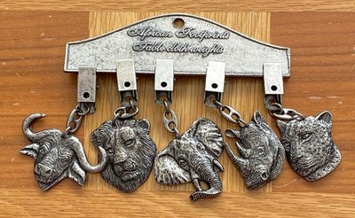 Vintage 5 Gussmetall afrikanische Fußabdrücke Tiere Tischdecke Gewichte Elefant