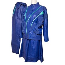 Vintage 80s Leather Skirt Pants Skirt Suit Set Size Small Blue Snakeskin Suede