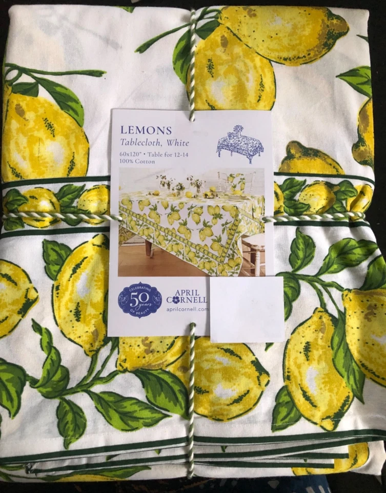 April Cornell ZITRONEN 60 x 120" gelb, grün, weiß Baumwolle Tischdecke -- Neu mit Etikett