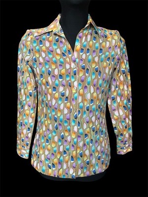 Elles Belles VTG 1970s disco shirt geometric abstract teardrop Blouse Sz 11/12 S