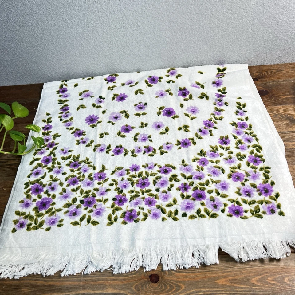 Toalla de baño de felpa flores moradas algodón floral años 50 vintage juego de 3 Foto 3 de 4