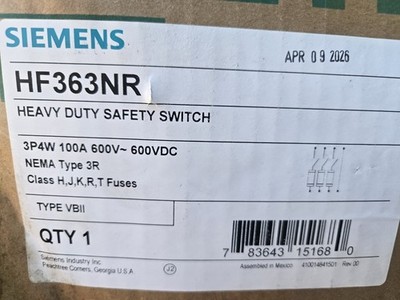 Siemens HF363NR Heavy Duty Fusible Safety Switch, 100 Amp, 600Vac, 3p4w, NEMA 3R