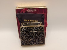 Marathon Ladylite Automatic Lighter Gold & Black Floral Enamel w/ Box COLLECTORS