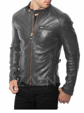 Men's Genuine Lambskin Leather Biker Jacket Slim Fit Caf  Racer Motorcycle Coat