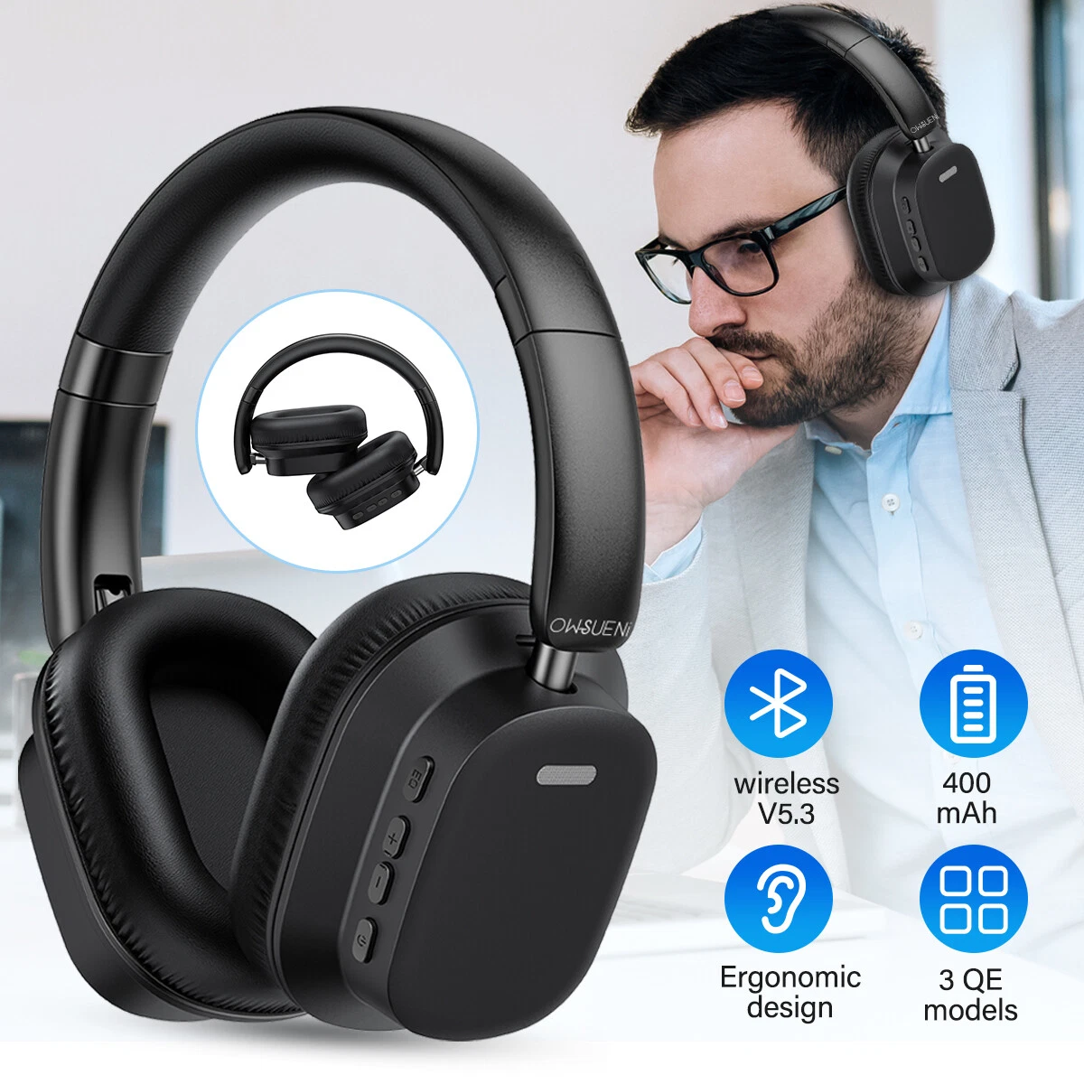 Wireless Bluetooth Over-Ear Headphones with Noise Cancellation & Built-in Mic-image