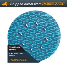 POWERTEC 5 Inch 8-Hole Hook and Loop Diamond Shaped Sanding Discs, 50PK, 80 Grit