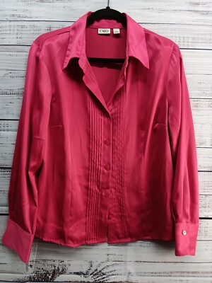 CATO Shirt Women's L Pink Silky Shiny  Button Down Sleeve  V-Neck Lightweight 