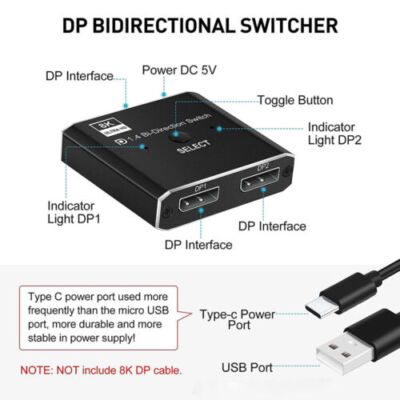 Hot HD Bi-directional Splitter Switcher KVM 2X1 1X2 8K 4K DP 1.4 Displayport  Sw