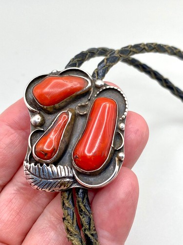 Vintage Branch Coral Bolo Tie Sterling Silver Leaf Applique Native American - Picture 13 of 13