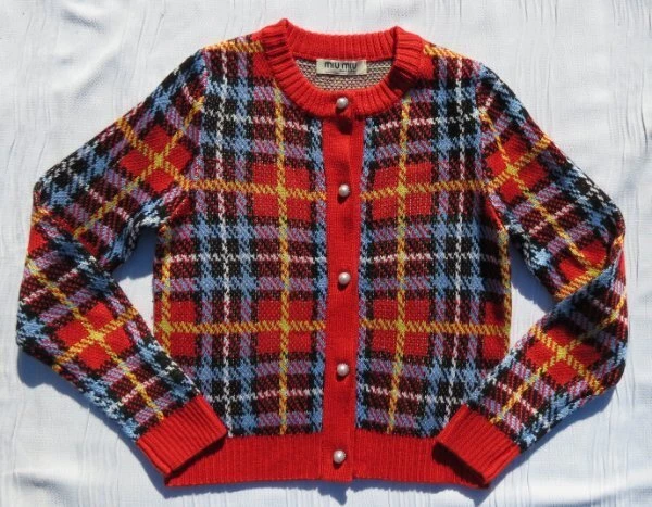 $1150 MIU MIU Prada Italia EE. UU. 36 S Rojo Tartán Cuadros Grueso Lana Cárdigan Suéter Foto 4 de 4