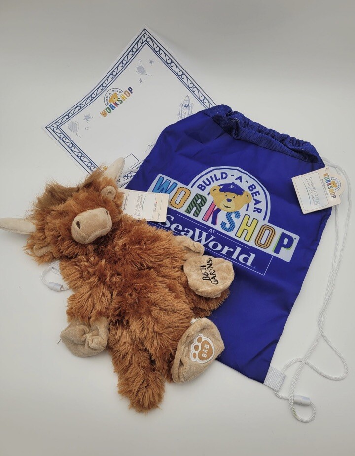 Bolso certificado exclusivo Build A Bear Highland Cow Plush Seaworld Busch Gardens