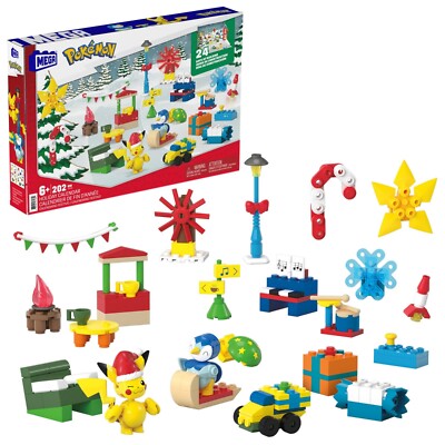 MEGA Pokmon Building Toys Set, Holiday Calendar with 202 Pieces, 2 Poseable Ch..