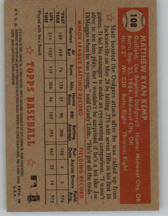 2006 Topps '52 #108 Matt Kemp (RC) (ref 154214) - Image 2 of 2