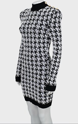 Stunning Authentic Balmain Black White Houndstooth Tweed Mini Knit Dress  Size 36 | eBay