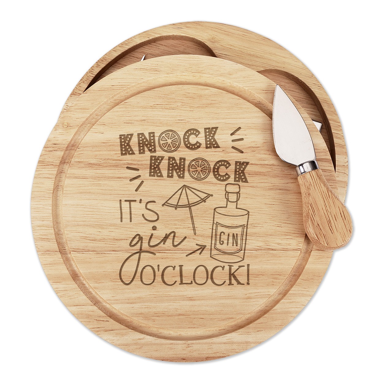 Knock Knock It's Gin O'Clock Cheese Board Knife Set Funny Drunk Joke