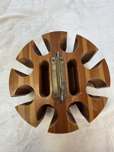Vintage Wooden Poker Chip And Card Holder On Carousel Base Felt Brass Handle