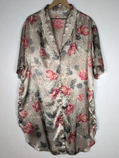 Kathryn Vintage Satin Floral Sleep Shirt 1X Beige Roses Lace Trim Button Front