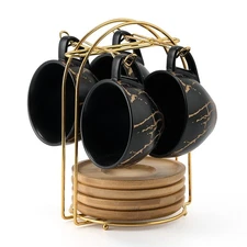 4 Pack Black 8 oz Ceramic Espresso Cups, Saucers, Metal Stand, Stackable, Set