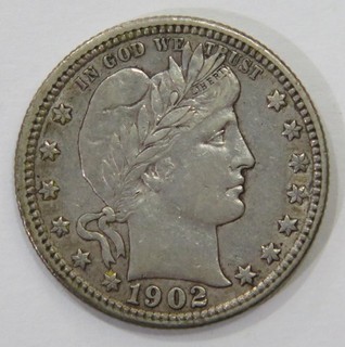 BARBER QUARTER DOLLAR 25C 1902 90% SILVER U.S MINT ISSUE COIN CLEANED 🌈⭐🌈