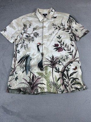 Express Men s Crane Bird Nature Print Button Up Shirt S Beige Cotton Blend