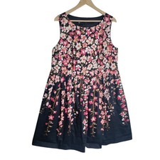 Talbots Woman Petites Navy Pink Floral Fit Flare Dress 16WP Cotton Blend 1668