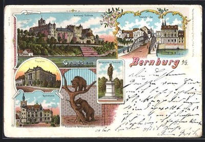 Lithographie Bernburg a. S., Theater, Kreishaus, Saalebrücke 1901 
