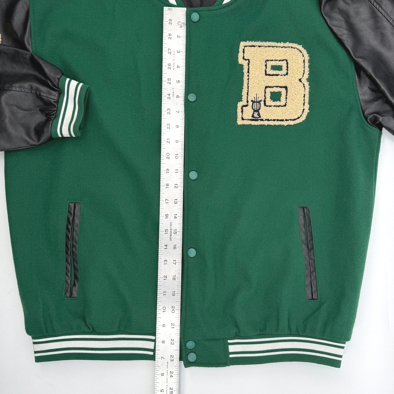 Green Varsity Jacket XL Bone Patchwork Letterman … - image 8