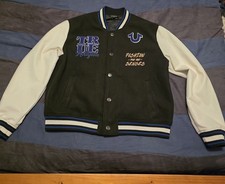  249...True Religion Buddha Brand size XL Varsity Jacket Black/Cream-Blue