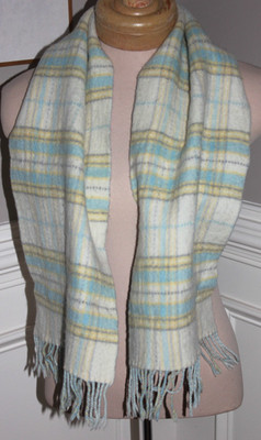 Vintage Courreges Wool Scarf Classic plaid Winter yellow white blue fringe gray