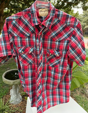 Vintage 1980s Mens 2XL Wrangler Pearl Snap Shirt Red Plaid Yoke Short Sleeve