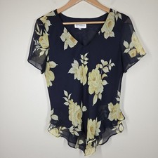Vtg 90s Y2K Navy Blue Floral Asymmetrical Top 10 Fairy Whimsigoth Layered Grunge