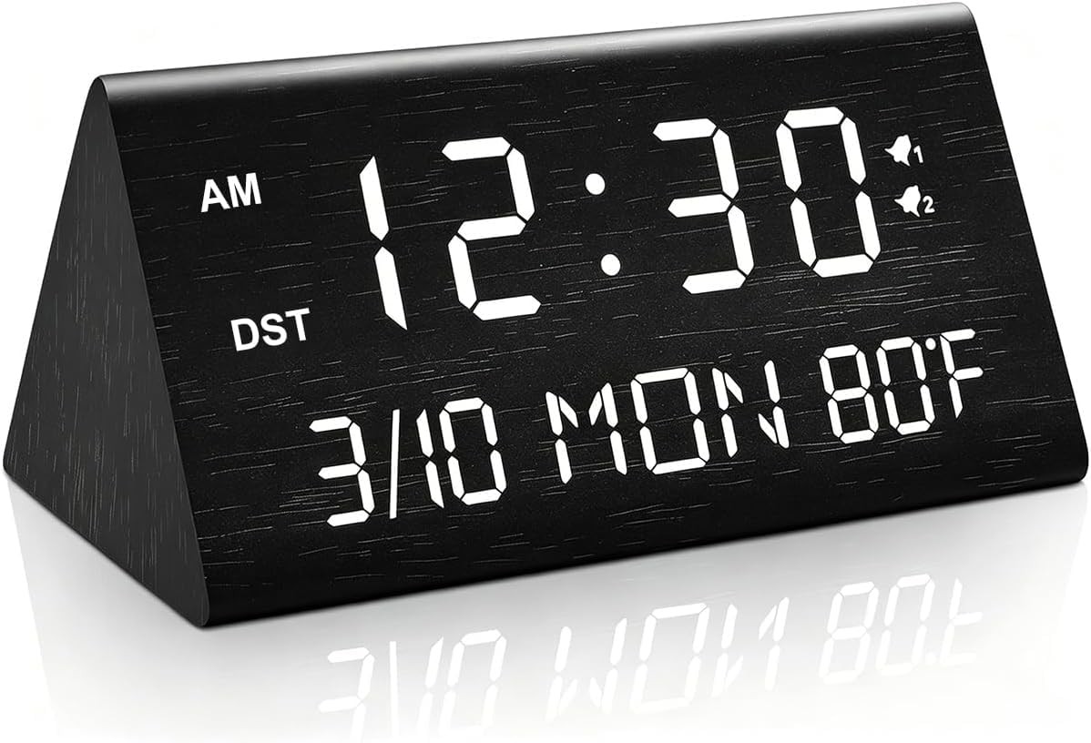Kogonee Wooden Digital Alarm Clock, 0-100% Dimmer, 2 Alarm Settings, Weekday/...