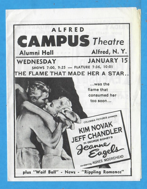 Alfred Campus Theatre,  Alumni Hall Alfred, NY, Movie Folding Schedule 1950s