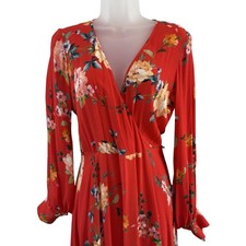 Yumi Kim Nomad Dress Womens Small Red Floral Wrap Maxi Open Back Long Sleeve