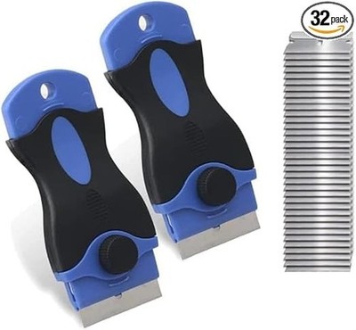 2PACK Razor Blade Scraper Tool with 30Pcs Stainless Steel Blades for Glass