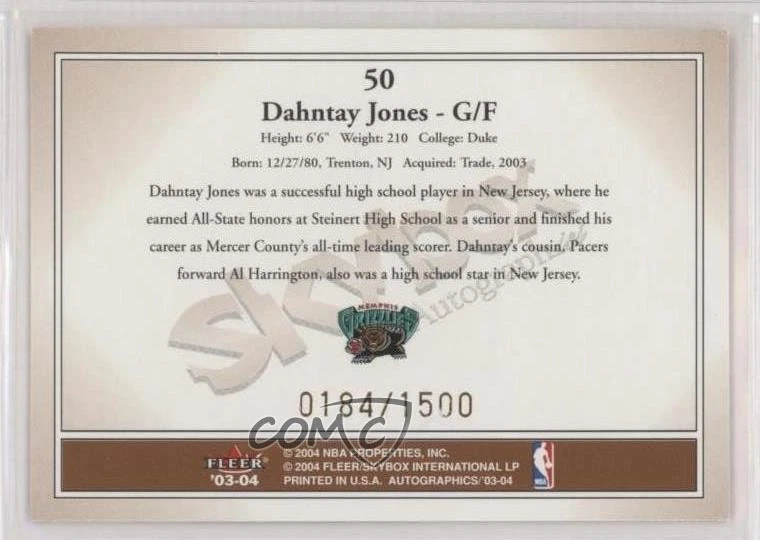 2003-04 Skybox Autographics Rookie /1500 Dahntay Jones #50 Rookie RC - Image 2 of 2