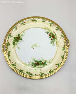 Limoges France LS&S Holly & Mistletoe Handled Cake Plate Tray Christmas Vintage