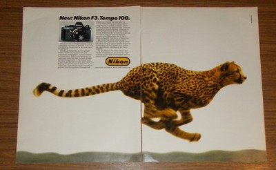 Seltene Werbung vintage NIKON F3 Spiegelreflexkamera - Tempo 100 - Gepard 1980