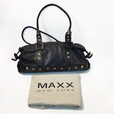 Maxx New York Black Leather Handbag Gold Tone Studs Double Handle Dustbag READ