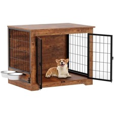 Wooden Dog Crate Furniture, 2-Door End Table with Feeder for Small/Medium Dogs