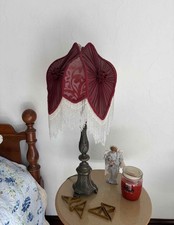 Victorian Style Silk Burgundy Rose Maroon Shade Glass Beaded Fringe Brass Lamp
