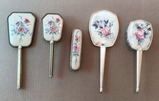VINTAGE EMBROIDED HAND MIRROR X 2 AND BRUSHES X 3