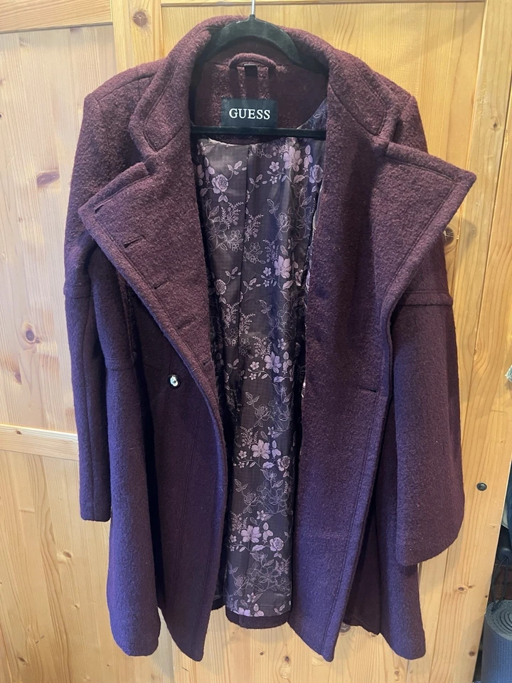 Guess Y2K Belted Pea Coat Womens XL Maroon Burgundy Silver Buttons Dbl-breasted - Image 4 of 4