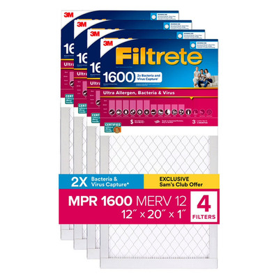 Filtrete 12x20x1 Ultra Allergen 2X Bacteria and Virus Filter, 1600 MPR 4 Pack