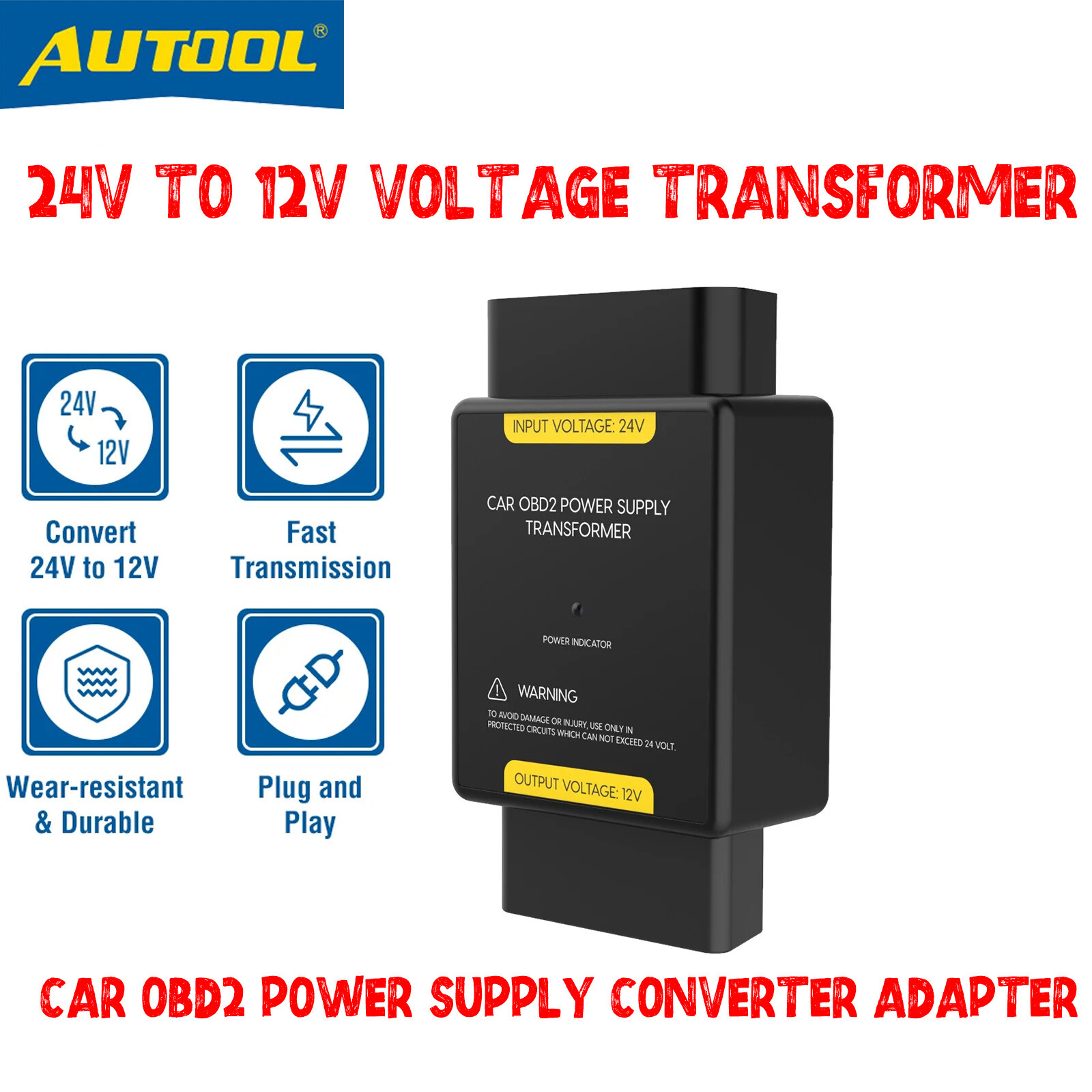 24V to 12V Voltage Transformer Car OBD2 Power Supply Converter Adapter