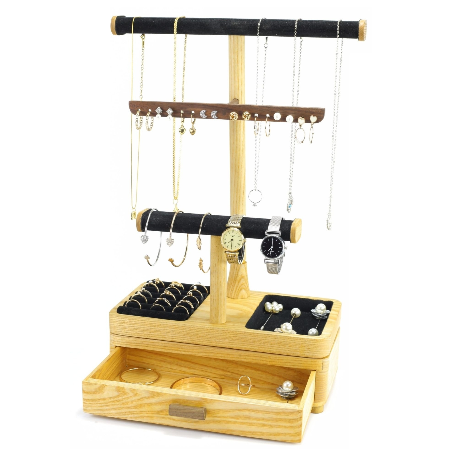 Wooden Jewelry Organizer Stand with Drawers for Necklace Storage and Display