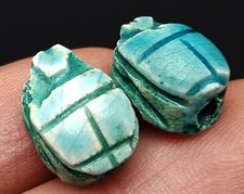 Antique Egyptian Paperweight Carved Soapstone Blue Scarab Beetle Bead #CP33