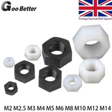 Black/White Nylon Hex Full Nuts M2 M3 M4 M5 - M14 Plastic Hexagon Nut DIN 934 UK