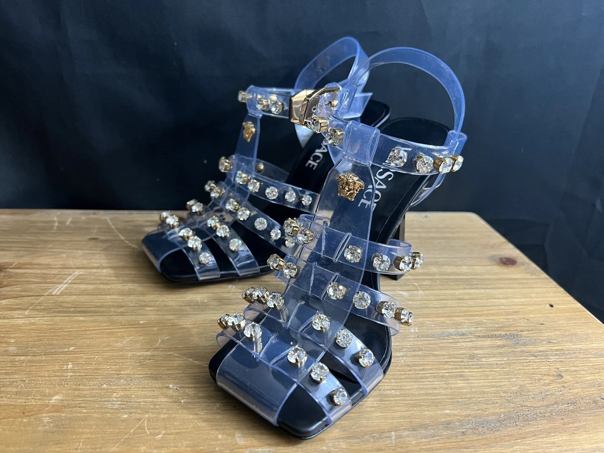 NWOB VERSACE CRYSTAL EMBELLISHED JELLY Heel Sandals 5.5 35.5 Sandals 1625 Black
